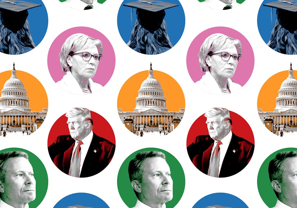Photo illustration by Tate Rudisill. Photo (green) by Rachel Lewis. Photo (yellow) by Gavin Hutchings. Photos (red, pink and blue) via State News archive.
