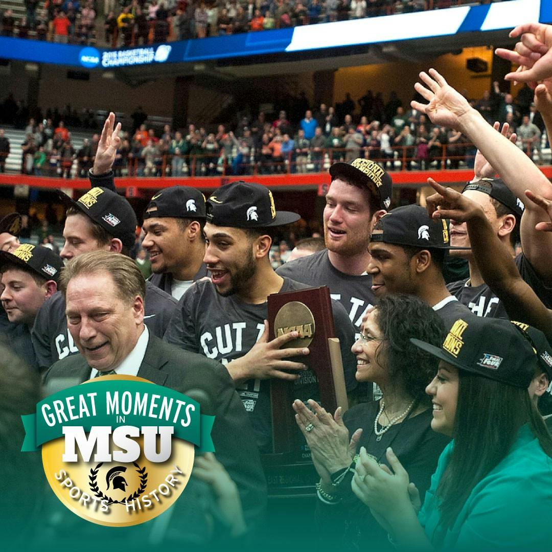Head coach Tom Izzo, his family and his team celebrate the win with the NCAA East Regional trophy March 29, 2015, during the East Regional round of the NCAA Tournament in the Elite Eight against Louisville at the Carrier Dome in Syracuse, New York. The Spartans defeated the Cardinals, 76-70. Photo by Erin Hampton. Design by Daena Faustino.