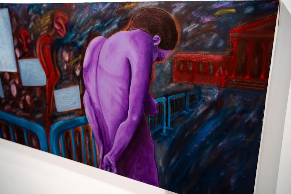 A photo of Final Destination painted by fourth-year Michigan State studio art student Evan Yalowitz on April 13, 2025. The painting, which won an honorable mention in the Jennifer Angus Undergraduate Exhibition at Scene Metrospace, explores emotional intensity and personal experience. “If I had to describe what this painting means to me, I’d say: Strength. Grief. Destruction,” Yalowitz said.