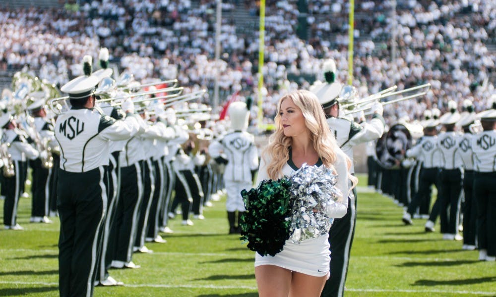 <p>The Spartan Marching Band performs before the game against Western Michigan University on Sep. 9, 2017 at Spartan Stadium. The Spartans defeated the Broncos 28-14.</p>