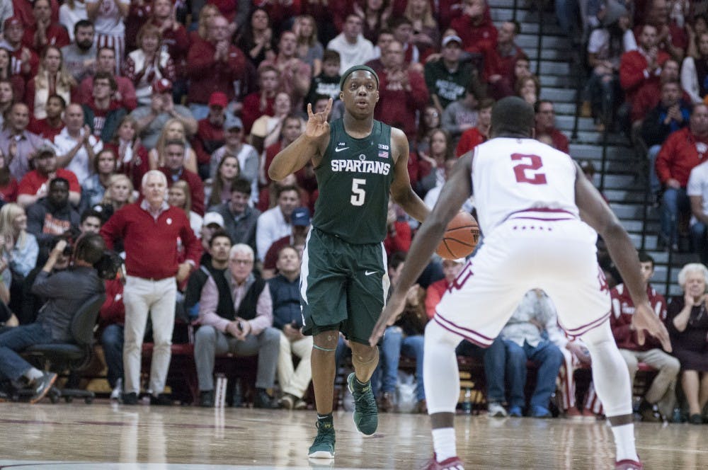 <p>Sophomore forward Cassius Winston (5) calls a play as he brings the ball up the court during the game against Indiana on Feb. 3, 2018 at Simon Skjodt Assembly Hall. The Spartans beat the Hoosiers 63-60 (C.J. Weiss | The State News)</p>