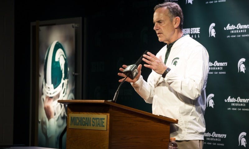 Head coach Mark Dantonio speaks during a press conference after the Green and White Spring Game on April 1, 2017 at Spartan Stadium. The White team defeated the Green team, 33-23.