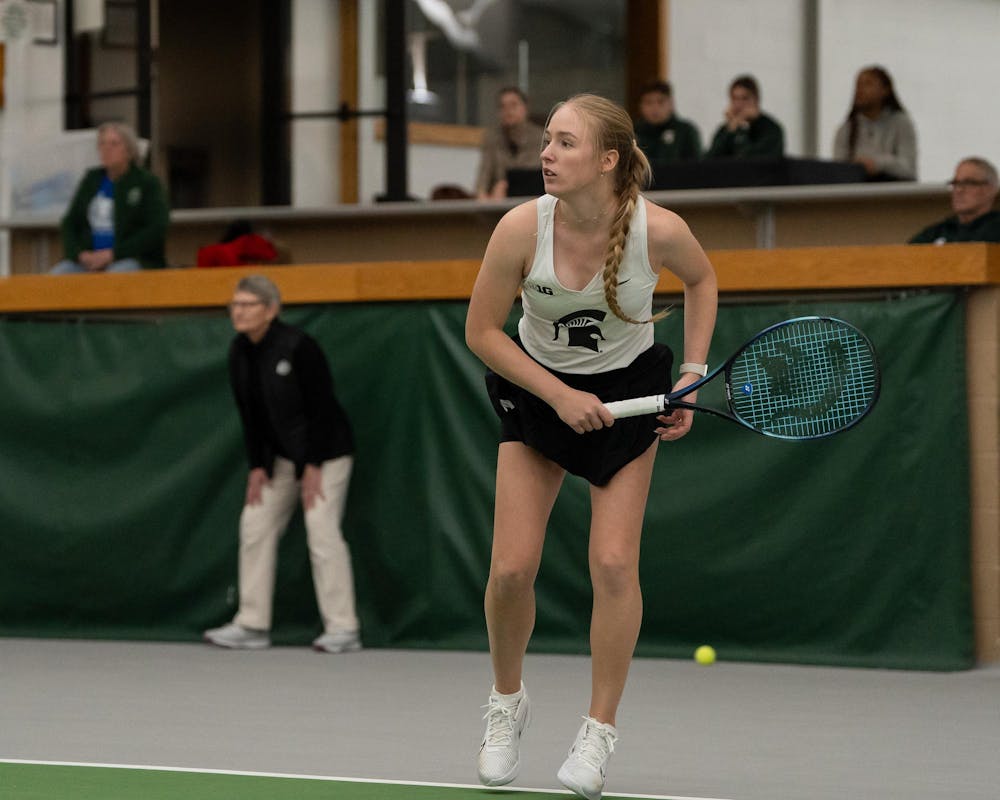 <p>MSU redshirt sophmore Hanna Tsitavets serves against Xavier in their doubles match at the MSU Indoor Tennis Center on Jan. 24, 2025. Tsitavets went on to win their double match six to four.</p>
