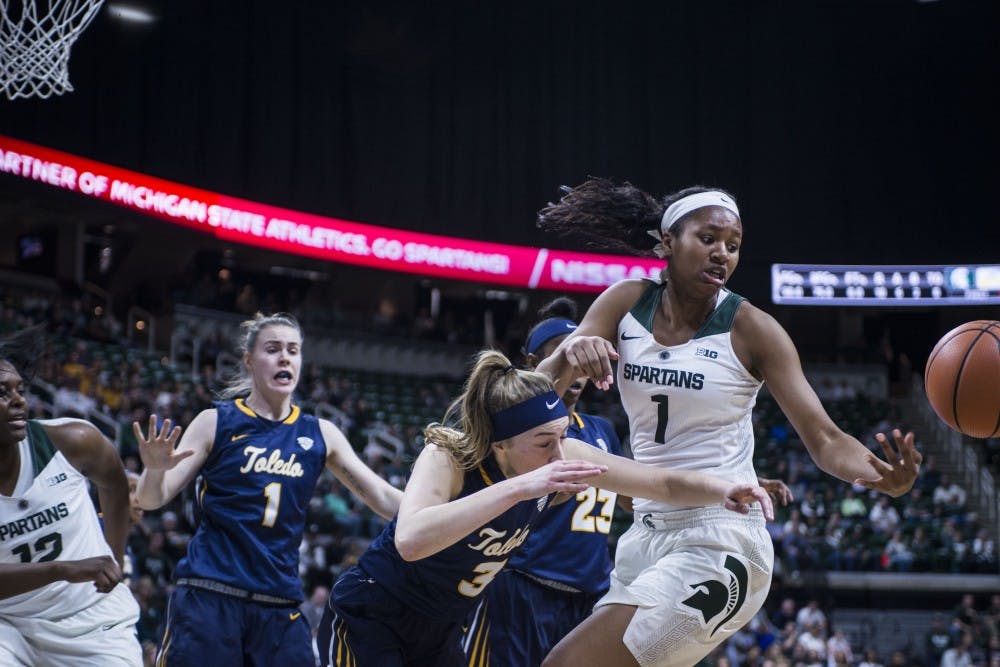 <p>Freshman forward Sydney Cooks (1) loses control of the ball during the second round of the Women's National Invitation Tournament against Toledo on March 19, 2018 at Breslin Center. The Spartans trail the Rockets at halftime, 33-32. (C.J. Weiss | The State News)&nbsp;</p>