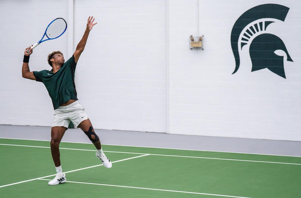 <p>Matthew Forbes, a sophomore on the Michigan State men’s tennis team, prepares to strike the ball during a singles match at the MSU Tennis Center in Lansing, Mich., Sunday, April 19, 2026.</p>