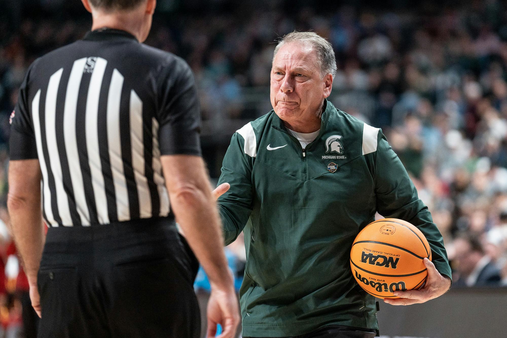 <p>Head men's basketball coach Tom Izzo argues a call at Nationwide Arena in Columbus, Ohio on March 17, 2023. The Spartans beat the Trojans 72-62 in the first round of March Madness.</p>