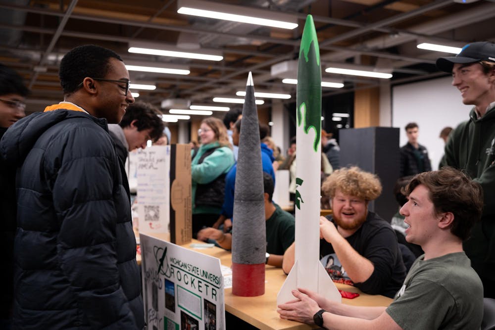 <p>Students engage with MSU Rocketry Team at Springticipation on Jan. 29, 2025. The organization was founded in 2017.</p>