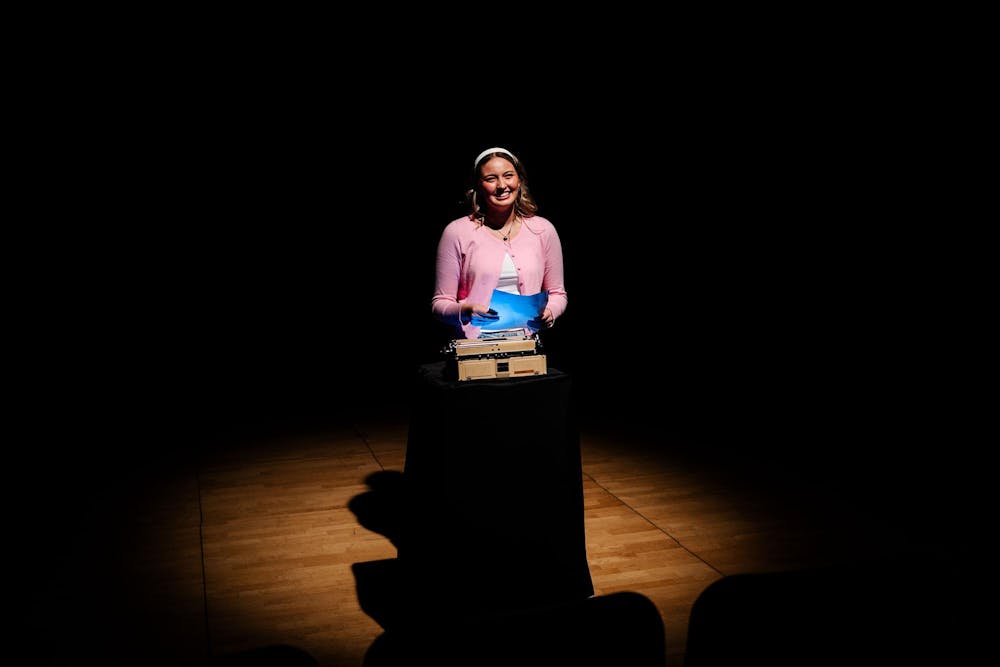 Student performer acts out a scene during the MSU Roial Players Sketch Comedy Show at the RCAH Theatre in Snyder-Phillips Hall on April 6, 2025. The student-written and directed show, featuring improv actors from the Roial Players, ran April 4–6.