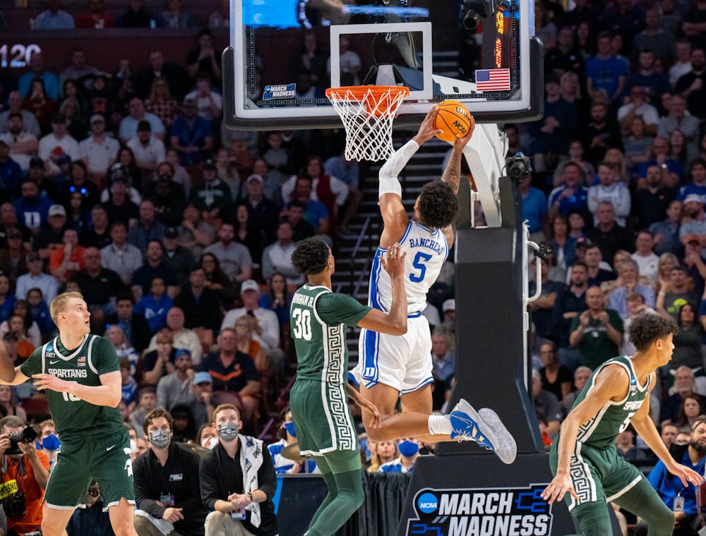 <p>Freshman forward Paolo Banchero (5) attempts to shoot the ball during Duke&#x27;s victory over Michigan State on March 20, 2022.</p>