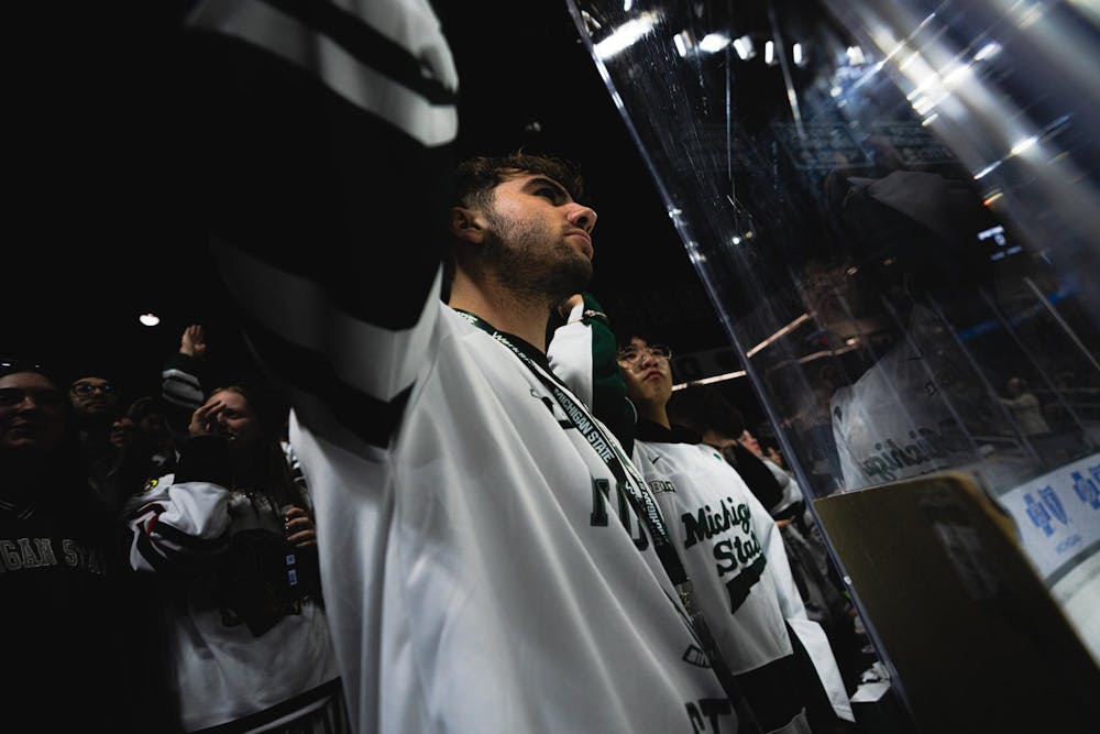 <p>An MSU hockey fan at the Munn Ice Arena in East Lansing, MI, on Feb. 27, 2026. MSU lost to OSU, 5-1. </p>