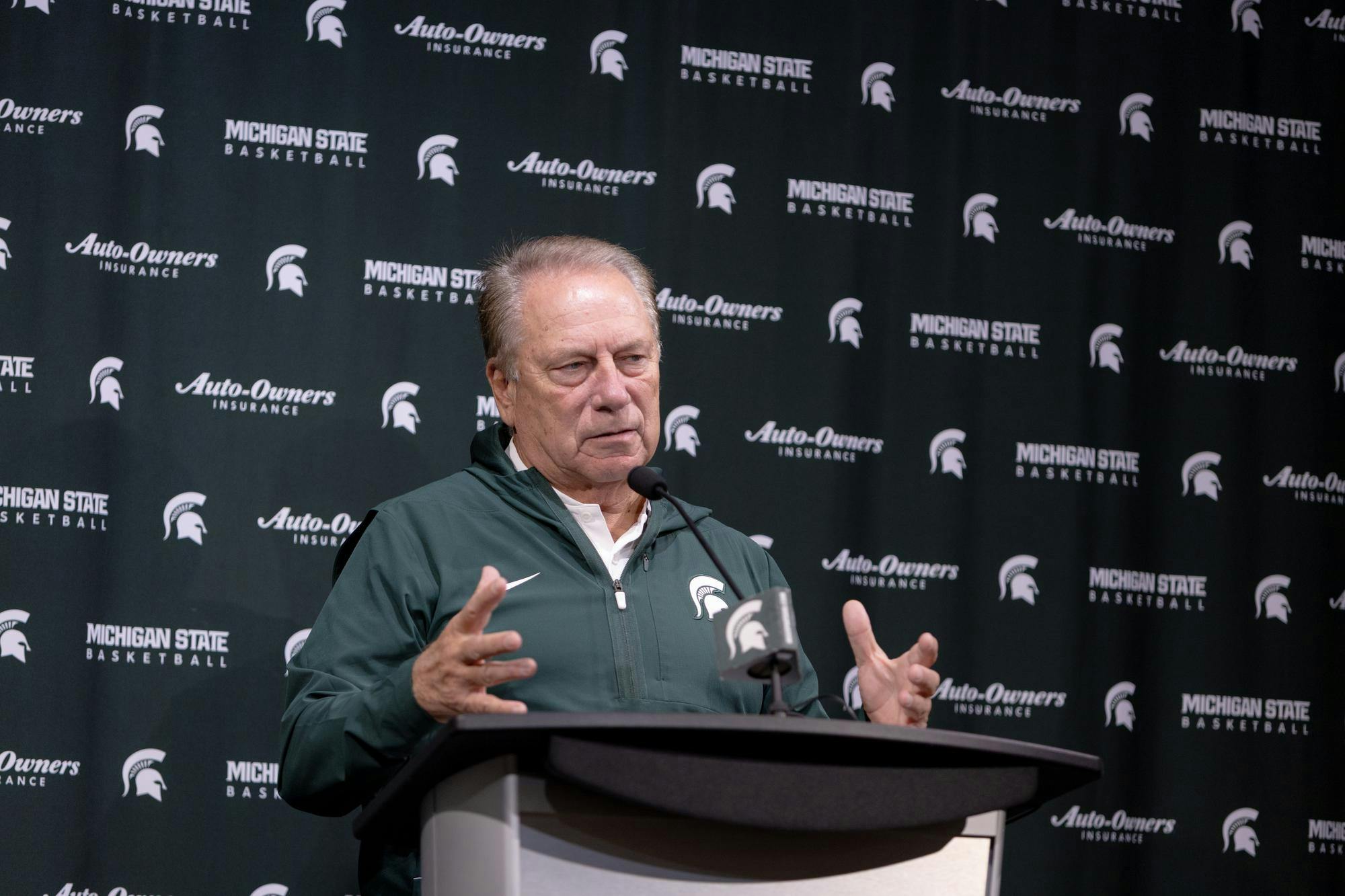 <p>Michigan State head men's basketball coach Tom Izzo speaks during the first day of practice press conference at the Breslin Center in East Lansing, Mich., on Tuesday, Sept. 22, 2026.</p>