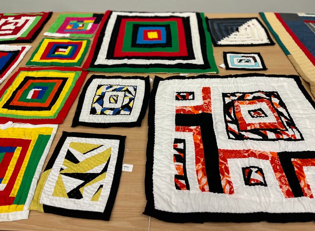 <p>Gee Band quilts on display at the Multicultural Center in East Lansing, Mich. on Feb. 26, 2026.</p>