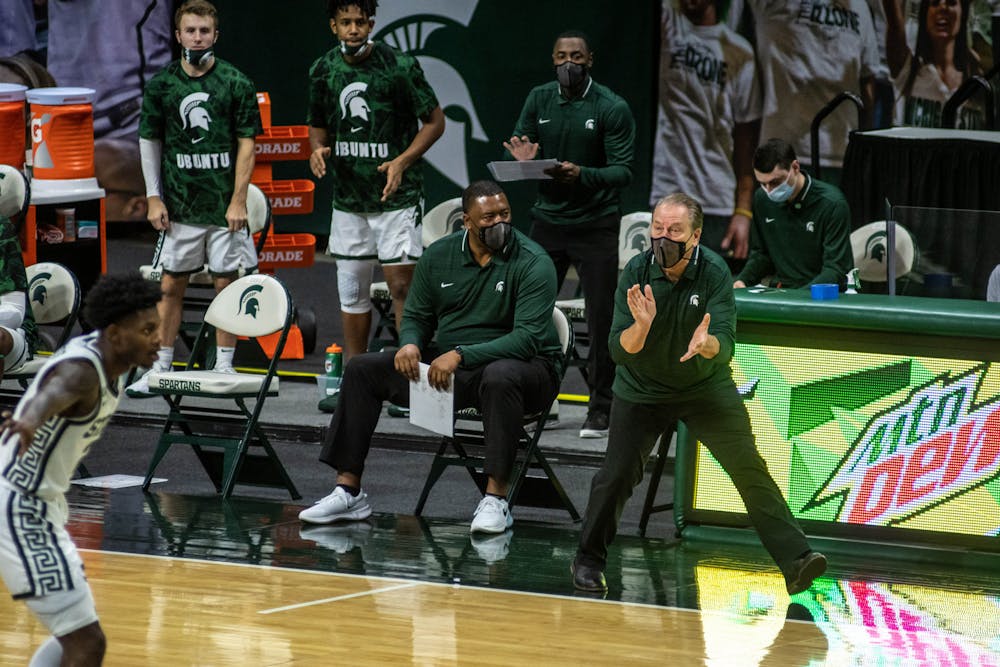 Head Coach Tom Izzo yells during the game against the Detroit Titans on Dec. 4, 2020 at the Breslin Center. The Spartans defeated the Titans, 83-76.