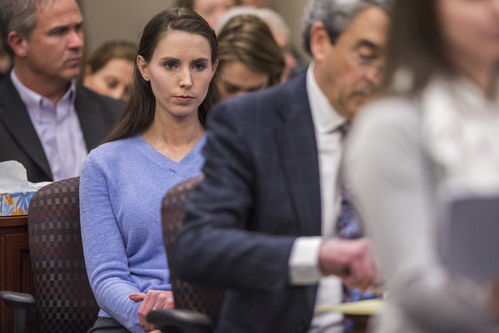 Rachael Denhollander sits in the courtroom on the sixth day of Ex-MSU and USA Gymnastics Dr. Larry Nassar's sentencing on Jan. 23, 2018 at the Ingham County Circuit Court in Lansing. (Nic Antaya | The State News)