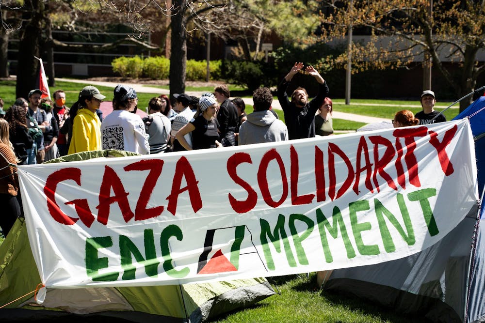 Michigan State University students and community members at the Gaza solidarity encampment in People’s Park on MSU’s campus on April 25, 2024.