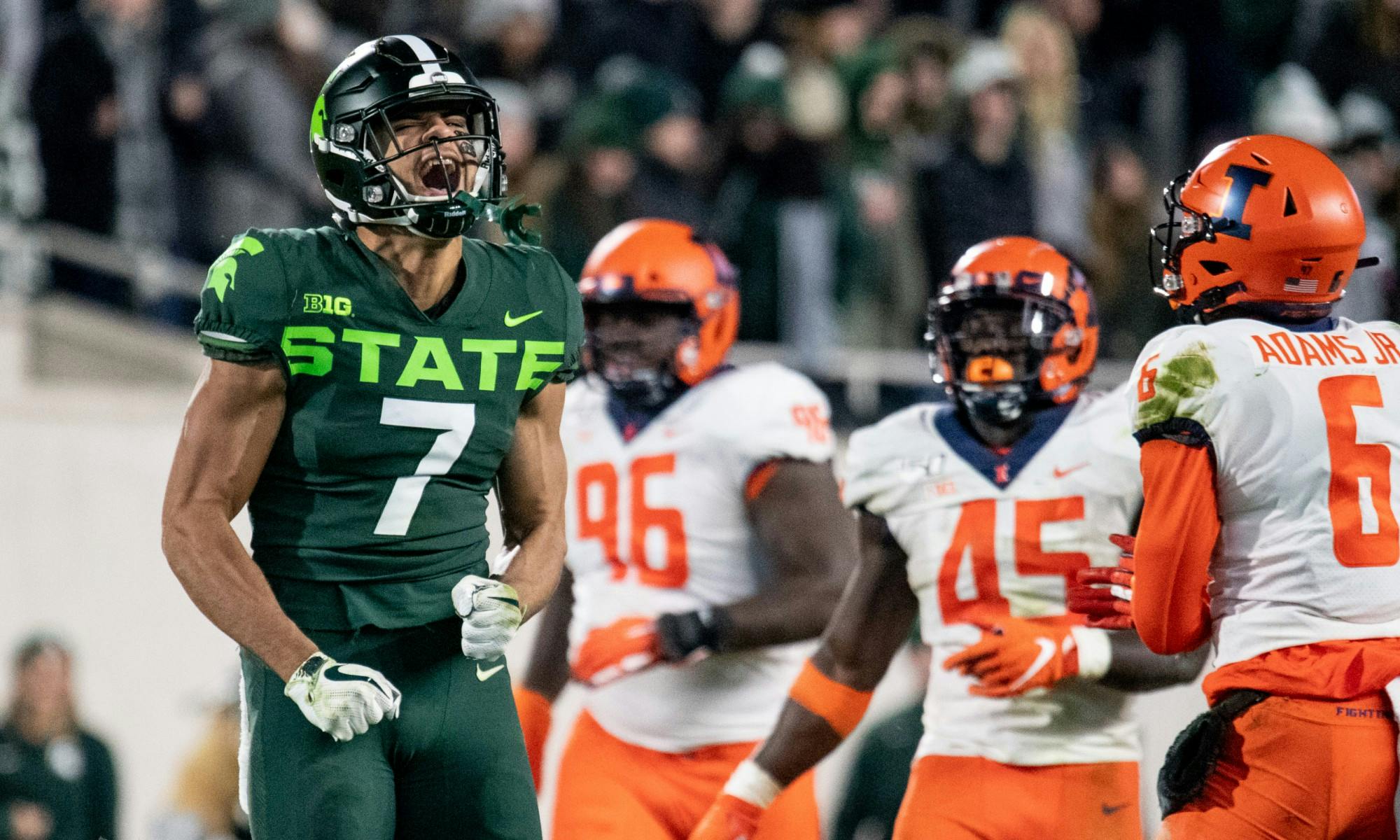 <p>Junior wide receiver Cody White (7) celebrates a catch during the game against Illinois on Nov. 9, 2019, at Spartan Stadium. The Spartans fell to the Fighting Illini, 37-34.</p>