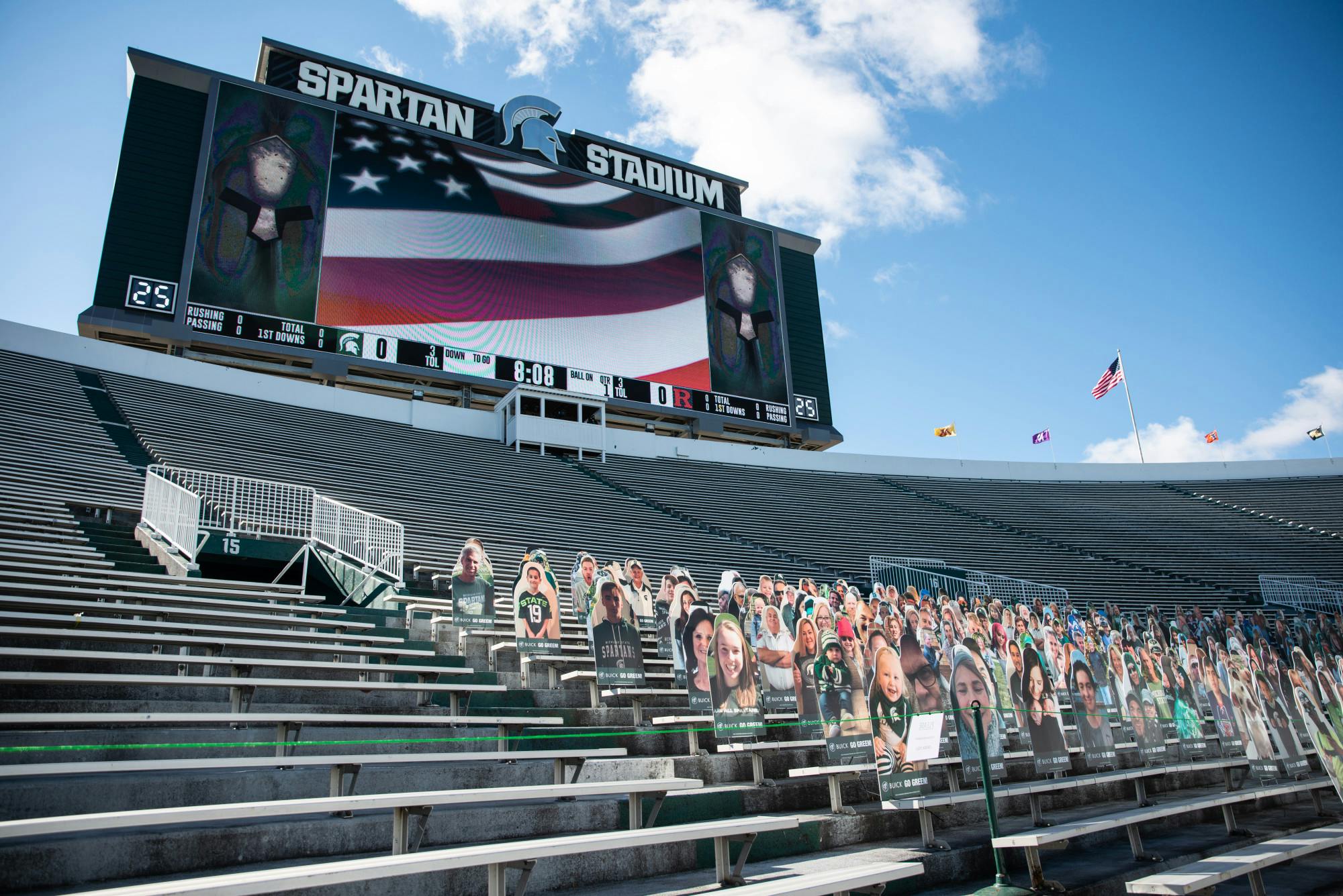 MSU stadium houses the first Spartan football game of the season on Oct. 24, 2020. Cardboard cutouts of fans cheer on from the stands.