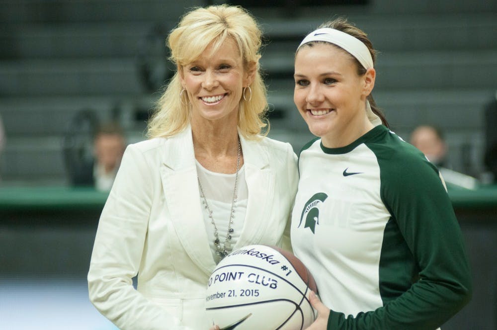 Junior guard Tori Jankoska and women's basketball head coach Suzy Merchant poses for a picture on Dec, 3, 2015 before the game against Louisville at Breslin Center. Jankoska was awarded this honor for having over 1,000 points in her career as a spartan.