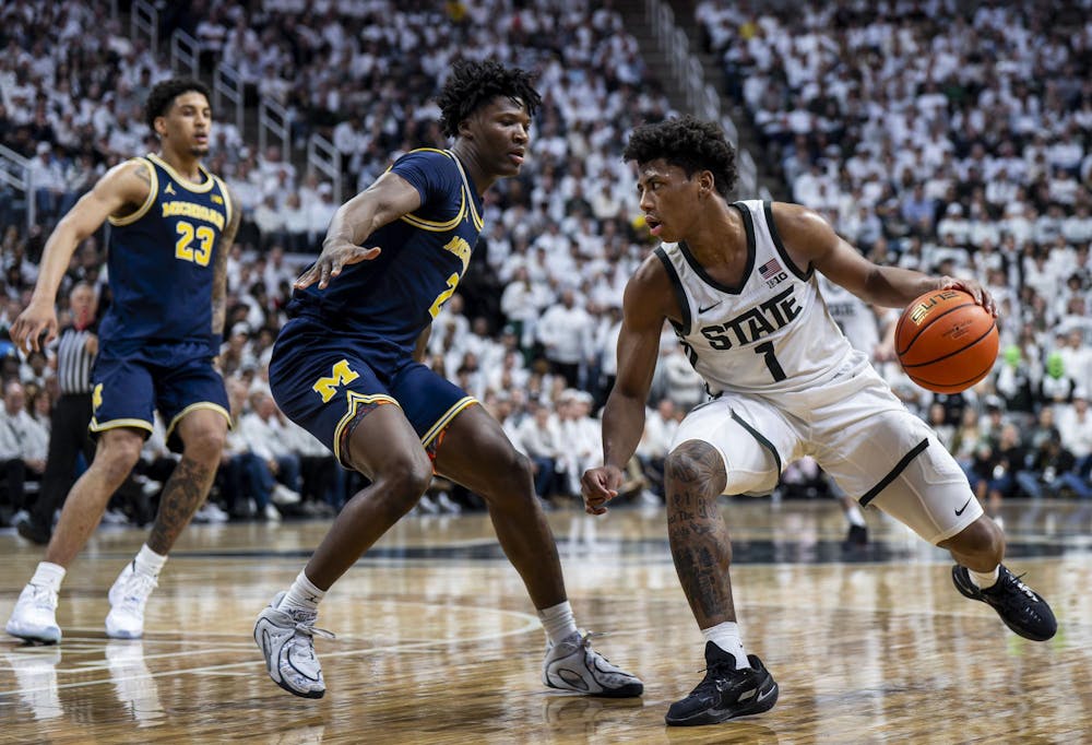 <p>MSU redshirt sophomore guard Jeremy Fears Jr. (1) takes the ball while UM sophomore guard L.J. Cason (2) guards at the Breslin Student Events Center on Jan. 30, 2026. </p>