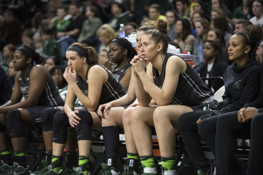 Teammates express faces of disappointment on court side during the fourth quarter of the women's basketball game against Purdue on Jan. 22, 2017 at Breslin Center. The Spartans were defeated by the Boilermakers, 76-66. 