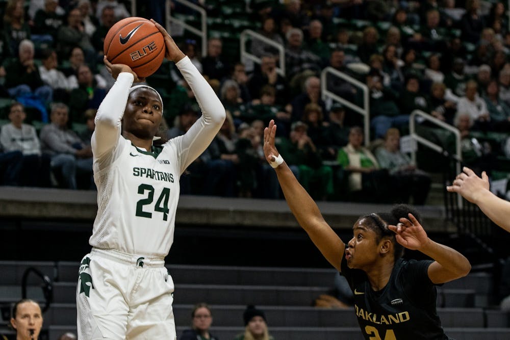<p>Then-sophomore guard Nia Clouden (24) shoots during the game against Oakland Nov. 19, 2019 at Breslin Center. The Spartans defeated the Golden Grizzlies, 76-56.</p>