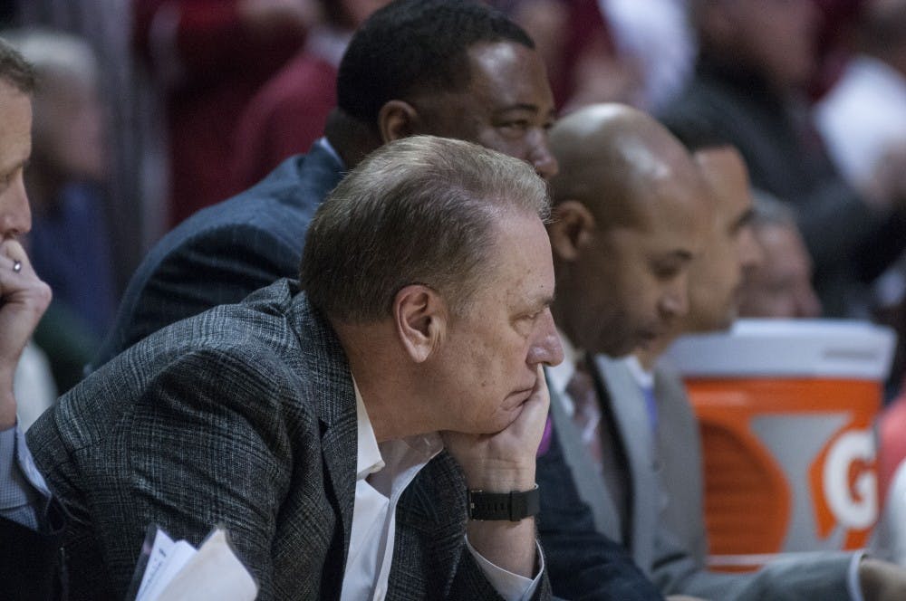 <p>Head Coach Tom Izzo watches his team intently during the game against Indiana on Feb. 3, 2018 at Simon Skjodt Assembly Hall. The Spartans beat the Hoosiers 63-60 (C.J. Weiss | The State News)</p>