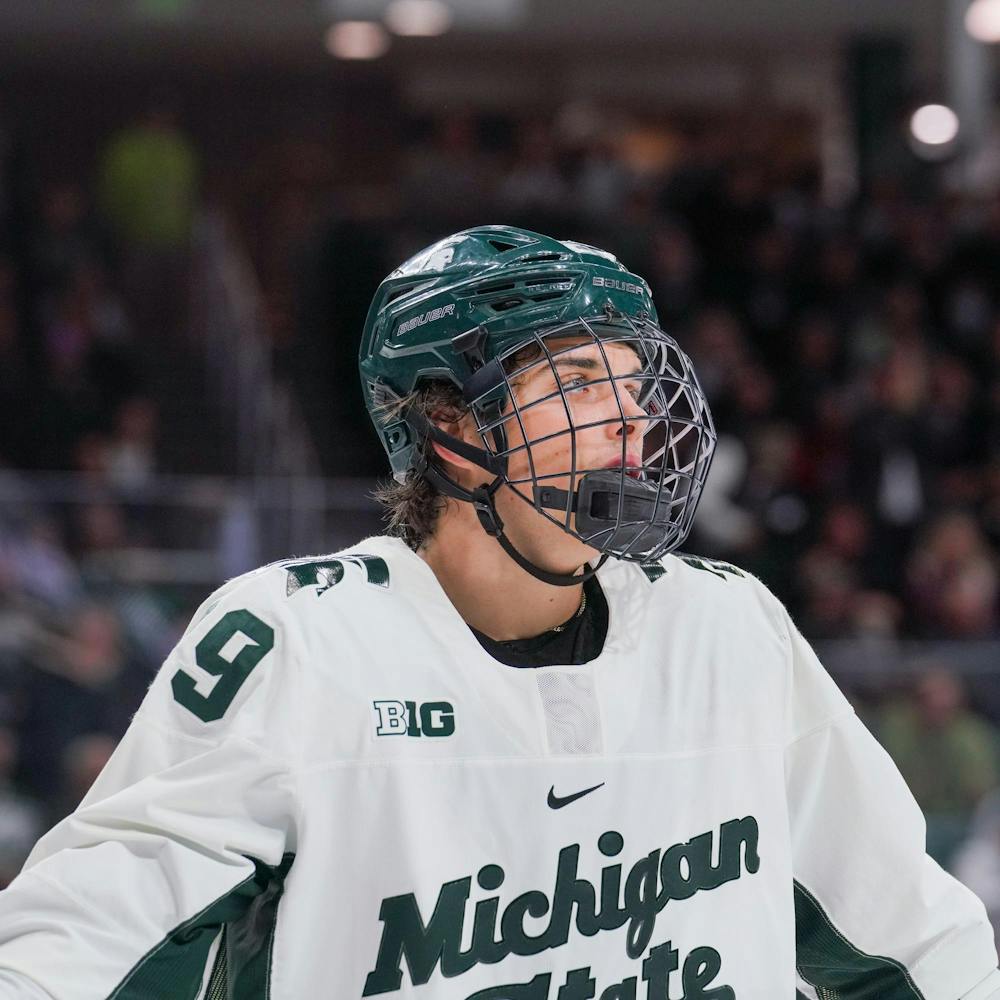 <p>Freshman forward Gavin O'Connell (29) looking focused during a game against Penn State at the Munn Ice Arena on Nov. 10, 2023.</p>