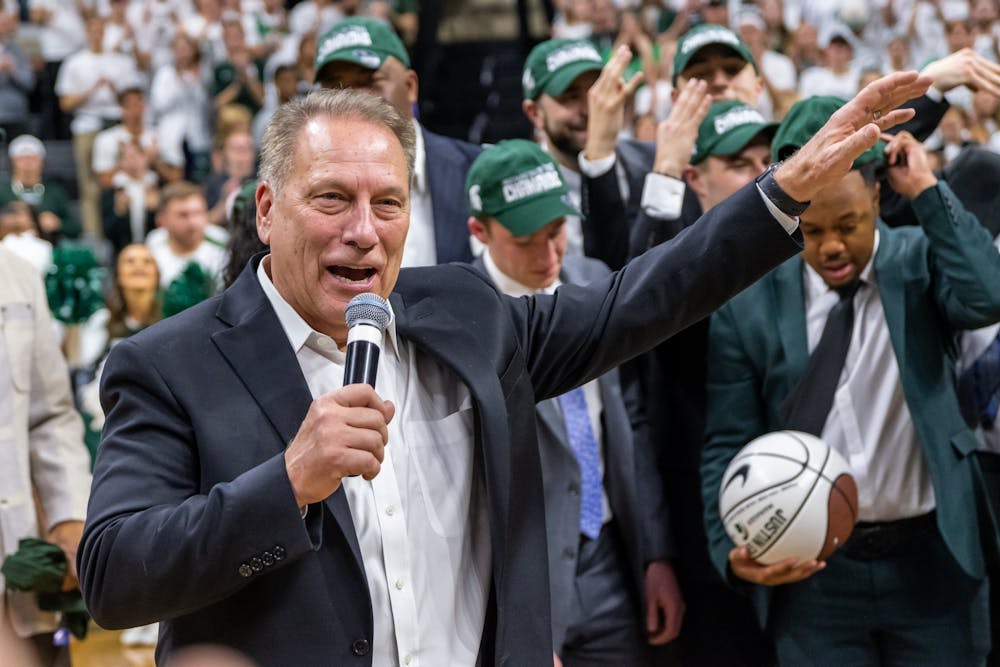 Coach Tom Izzo speaks after winning his third consecutive Big Ten regular season championship. The Spartans defeated the Buckeyes, 80-69, at the Breslin Student Events Center on March 8, 2020. 