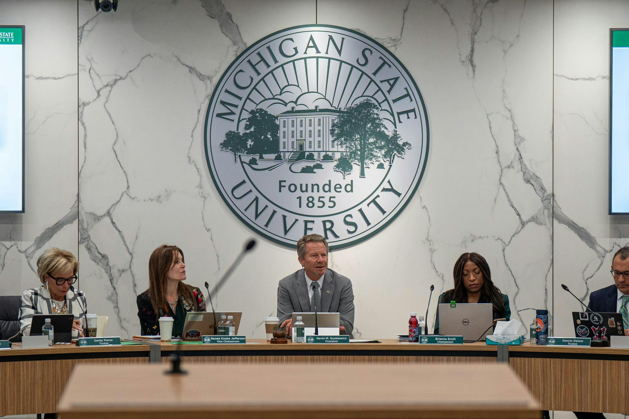 Michigan State University President Kevin Guskiewicz addresses the board at Hannah Administration Building in East Lansing, Michigan on Friday, April 10, 2026.
