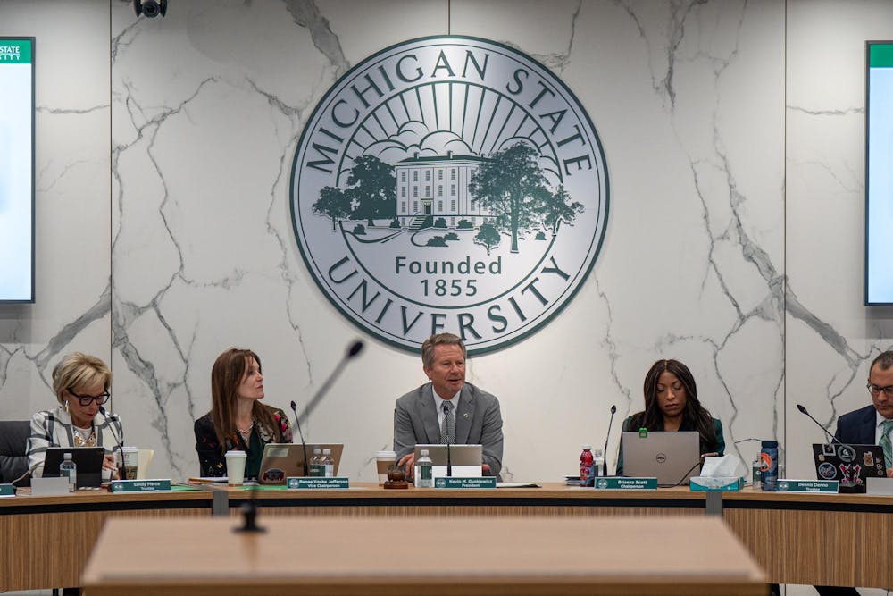Michigan State University President Kevin Guskiewicz addresses the board at Hannah Administration Building in East Lansing, Michigan on Friday, April 10, 2026.