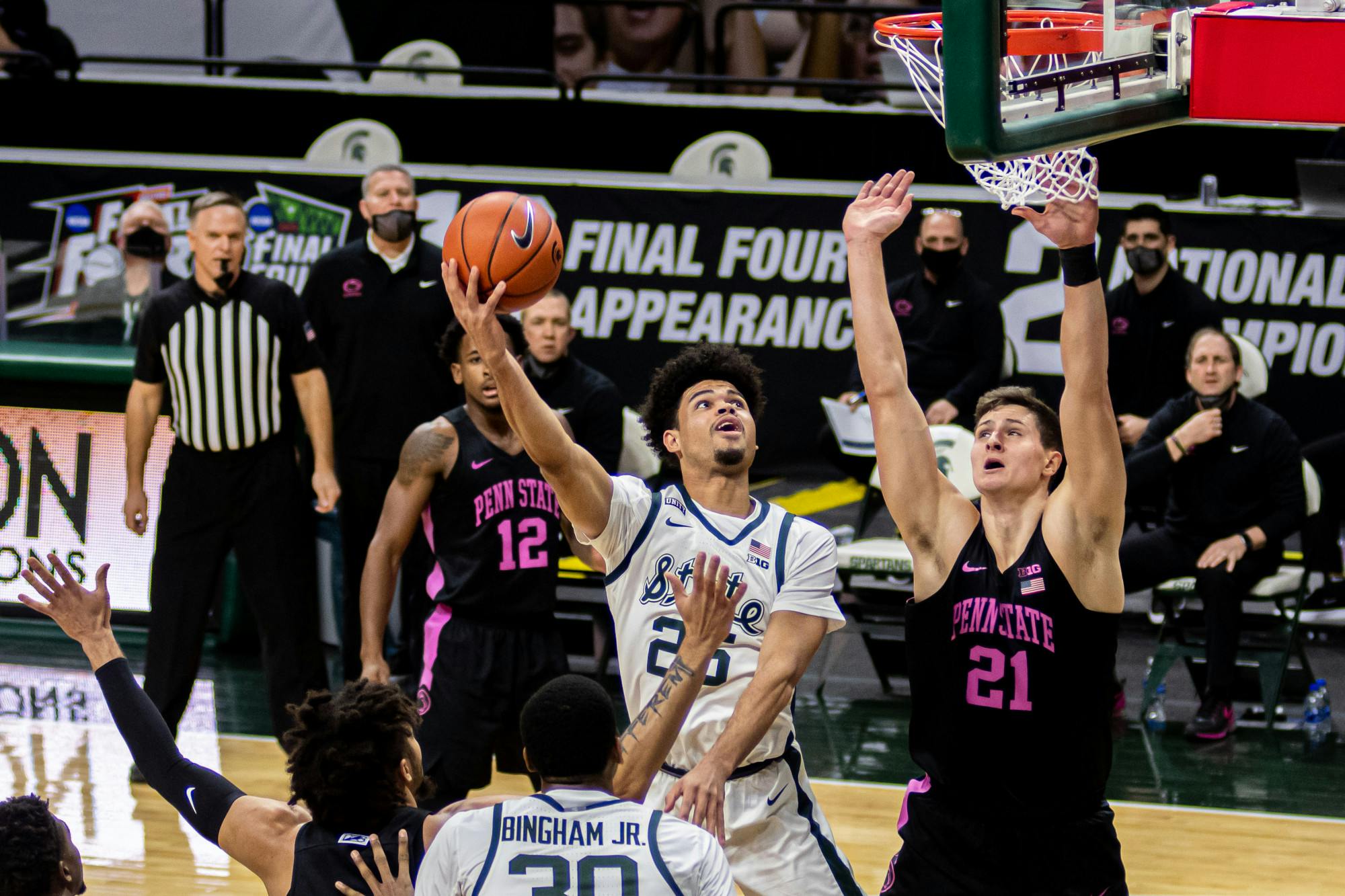 Sophomore forward Malik Hall makes a shot while drawing a foul, securing an and-one opportunity against Penn State on Feb. 9, 2021.