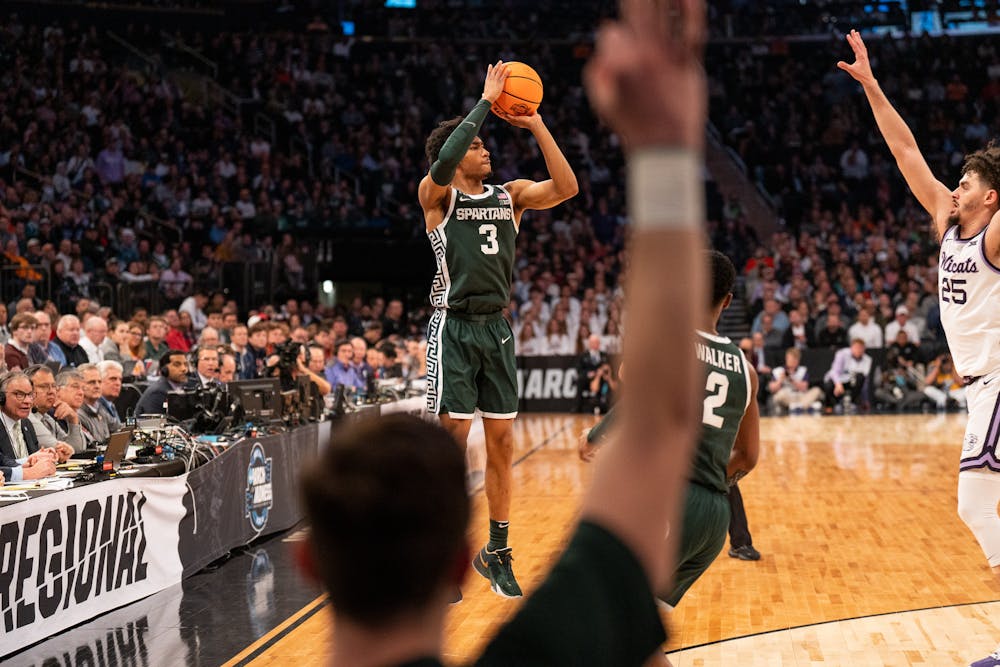 Sophomore guard Jaden Akins shoots the ball during the Spartans' Sweet Sixteen matchup with Kansas State at Madison Square Garden on Mar. 23, 2023. The Spartans lost to the Wildcats 98-93 in overtime.