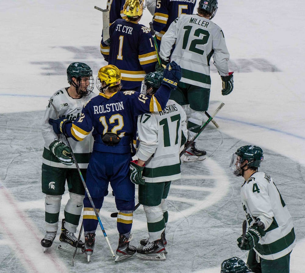 <p>Even though there were fights and Michigan State lost, there was lots of amazing sportsmanship being shown at the end of the game against Notre Dame. The Fighting Irish shut out the Spartans, 2-0, on Feb. 27, 2021.</p>