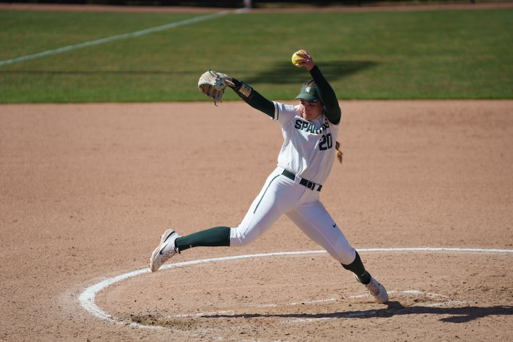 <p>Michigan State junior Sarah Ladd pitching to Nebraska. Spartans lost 5-4 against Nebraska in the second inning, on April 10, 2022.</p>