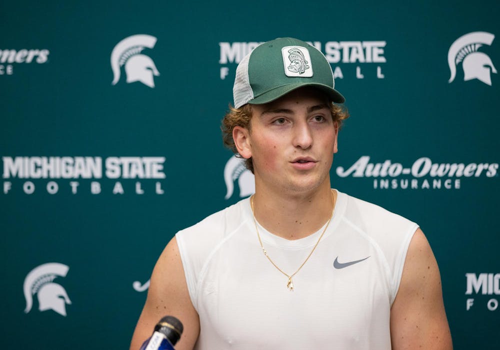 <p>Michigan State QB, Alessio Milivojevic, answers questions during a press conference in the Skandalaris Football building in East Lansing, Mich., on Aug. 6, 2026.</p>