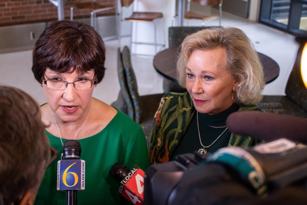 <p>Trustees Melanie Foster (right) and Dianne Byrum (left) answer questions from the media during a press conference on June 27, 2018 in the Plant and Soil Sciences Building. &nbsp;Their conference laid out the Board of Trustees' timeline for selecting a new president.</p>
