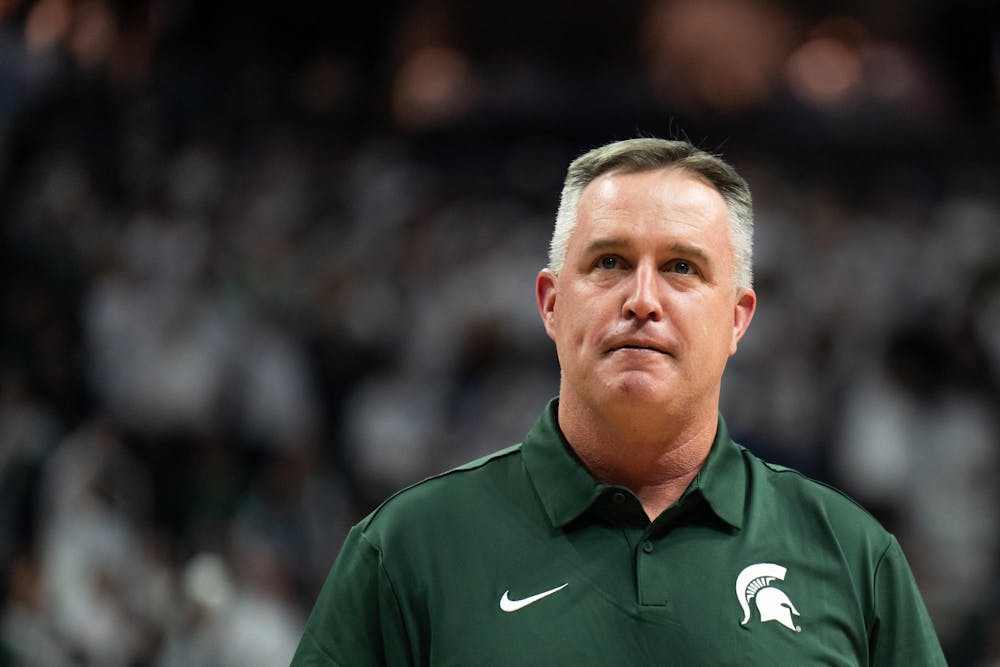<p>Michigan State Head Football Coach Pat Fitzgerald makes an appearance on the court at the MSU vs. Duke basketball game at the Breslin Center in East Lansing, Michigan on Saturday, Dec. 6, 2025.</p>