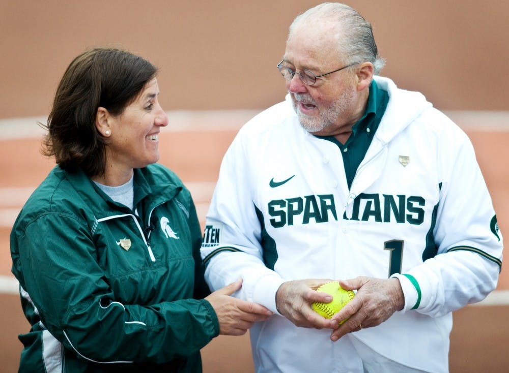 	<p>Coach Jacquie Joseph and Ambassador Peter Seccia share a moment after he threw the first pitch before the game Saturday at Seccia Stadium. Seccia donated a significant amount to the stadium and it was named in his honor.</p>