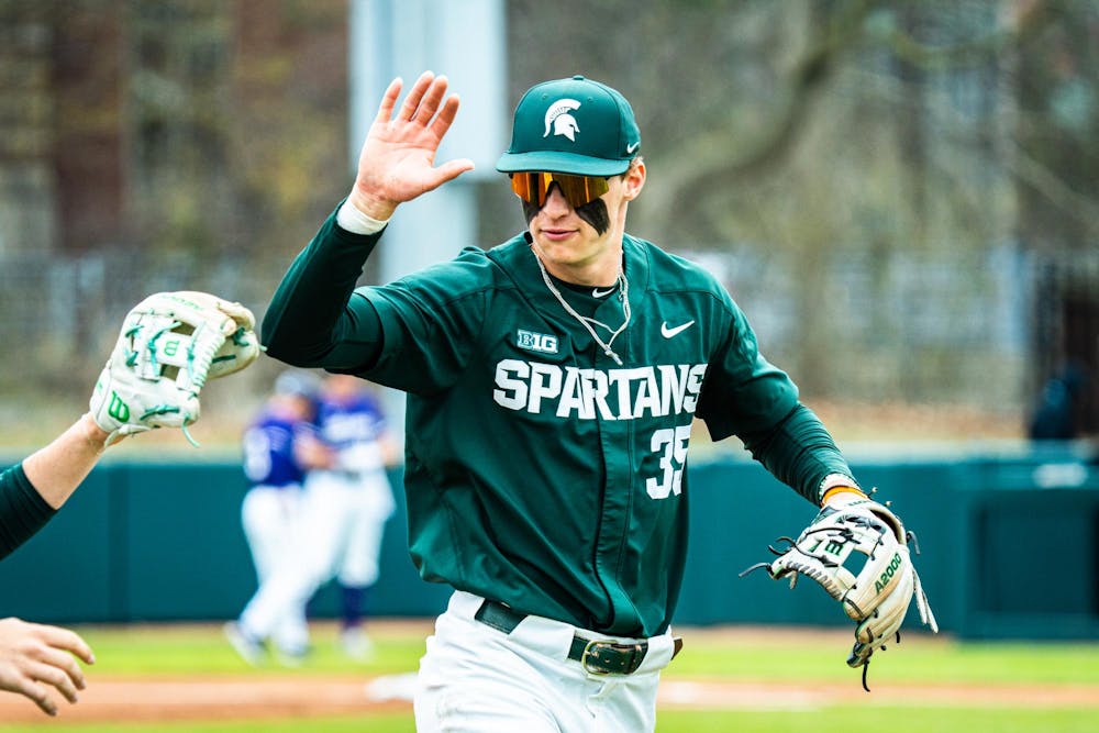 MSU junior infielder Randy Seymour (35) celebrates after turning an inning-ending double play during a game at McLane Stadium on April 13, 2025.