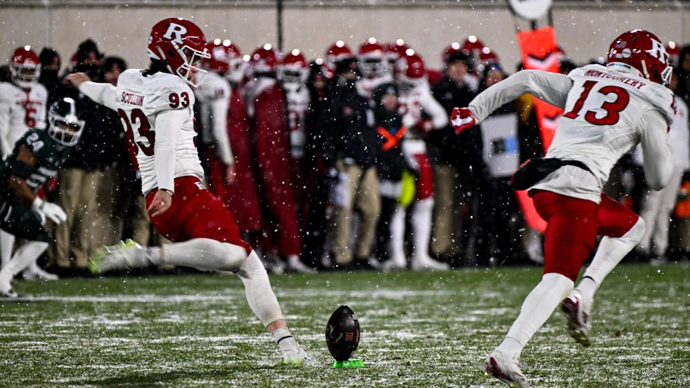 <p>Rutgers placekicker freshman Jack Scullion (93) kicks the ball after a touchdown at Spartan Stadium on Nov. 30, 2024.</p>