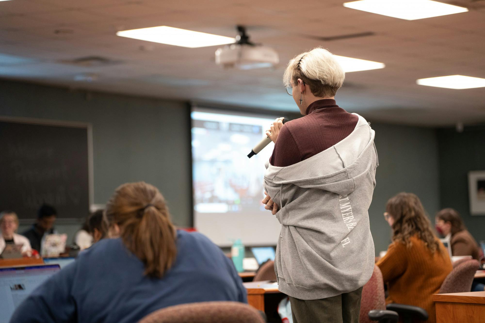 Members of ASMSU asking the Interim president, Teresa K. Woodruff questions at the ASMSU GA meeting, held at the international center on November 3, 2022.
