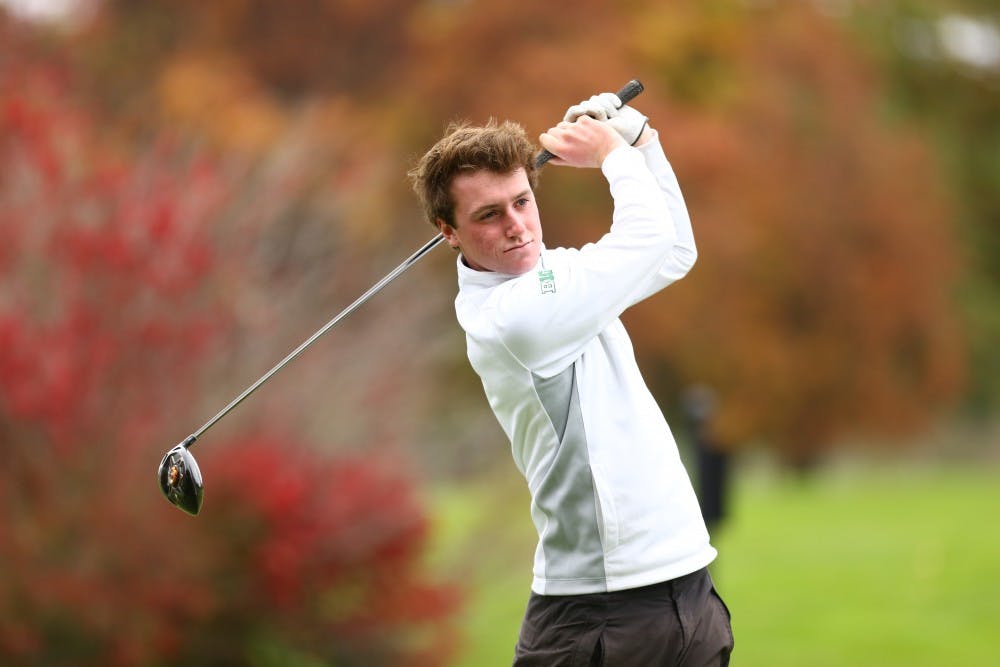 <p>MSU junior golfer Gareth Lappin swings a golf club at Forest Akers. Photo courtesy Matt Mitchell/MSU Athletics</p>