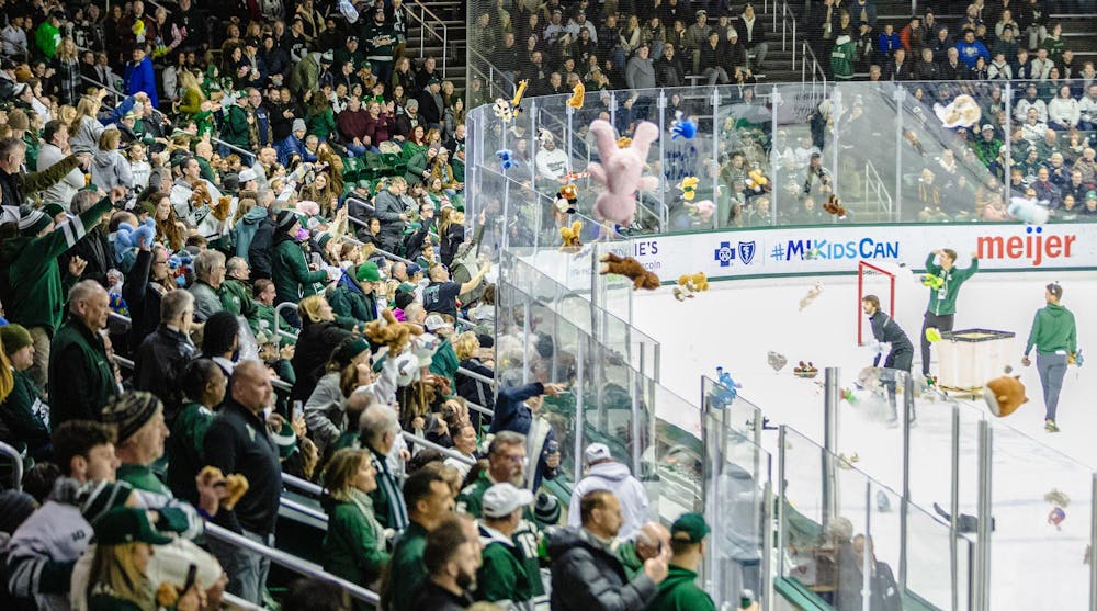 <p>During the first intermission of an MSU hockey game, fans gathered together to join in the Teddy Bear Toss in Munn Ice Arena in East Lansing, MI on Jan. 23, 2026.</p>