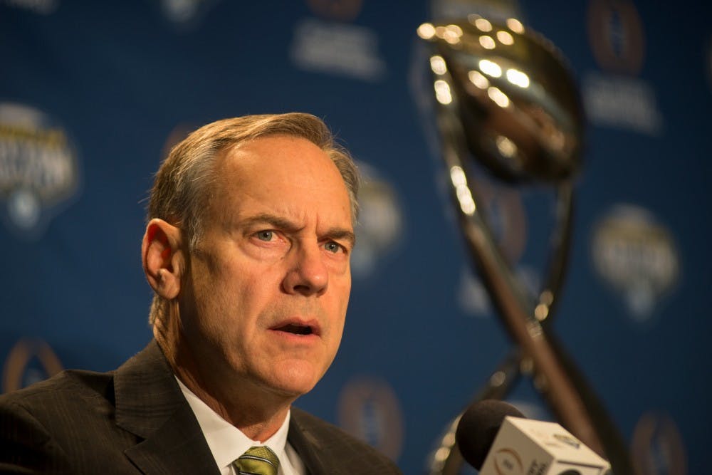 Michigan State head coach Mark Dantonio speaks to the press regarding the upcoming Cotton Bowl game against Alabama on Dec. 30, 2015 at the Omni Dallas Hotel in Dallas, Texas. 