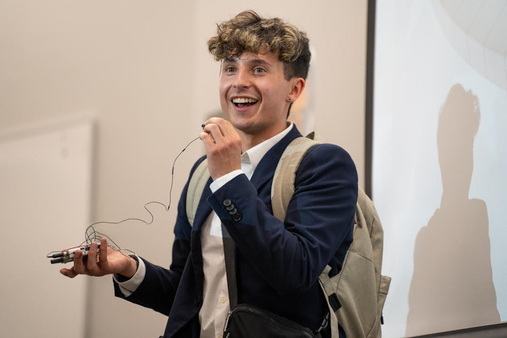 College Democrats at MSU President, Liam Richichi, speaks to attendees of the election watch party in Wonders Hall on Nov. 5, 2024. 
