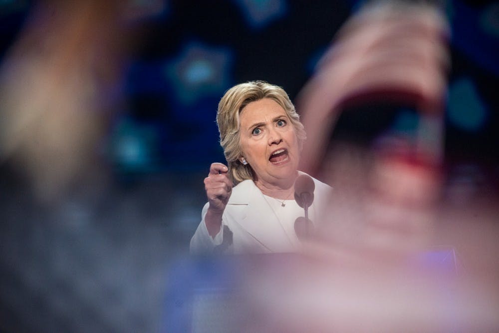 Democratic Presidential Candidate Hillary Clinton addresses the crowed during her acceptance speech on the final day of the Democratic National Convention on July 28, 2016 at Wells Fargo Center in Philadelphia.  Clinton became the first woman to accept the nomination of a major party for the presidential election. 