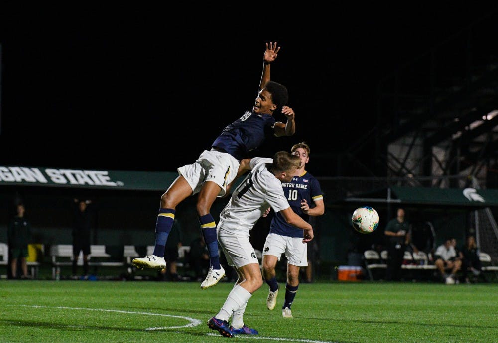 Notre Dame sophomore midfielder Mohammed Omar (29) falls during the game at DeMartin field on September 24, 2019. The Spartans lost to the Fighting Irish 0-1. 