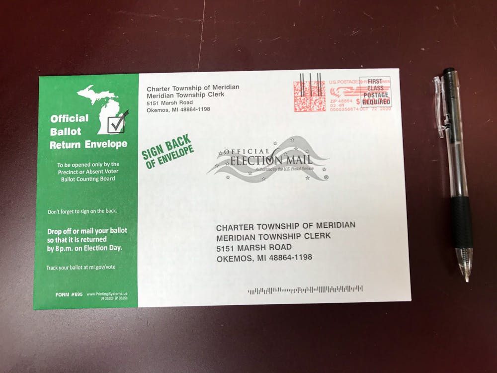 An absentee ballot filled out at the Meridian township clerk photographed on Nov. 2, 2020.