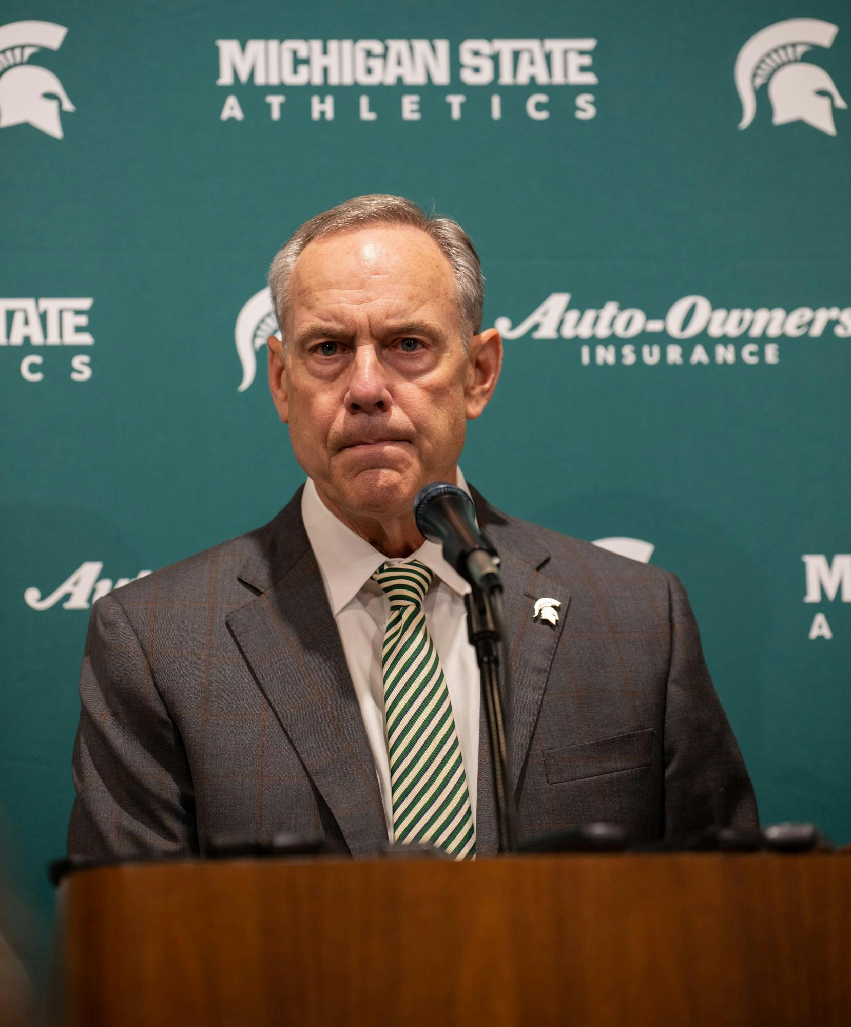 Dantonio listens to a question during a press conference at the Breslin Center on Feb. 4, 2020.