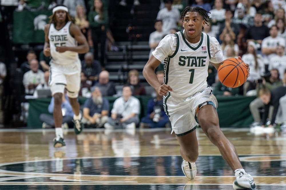 MSU Freshman Guard Jeremy Fears Jr. dribbles through mid court at during the second half of the Spartans' game against Georgia Southern at the Jack Breslin Student Events Center on Nov. 28, 2023.